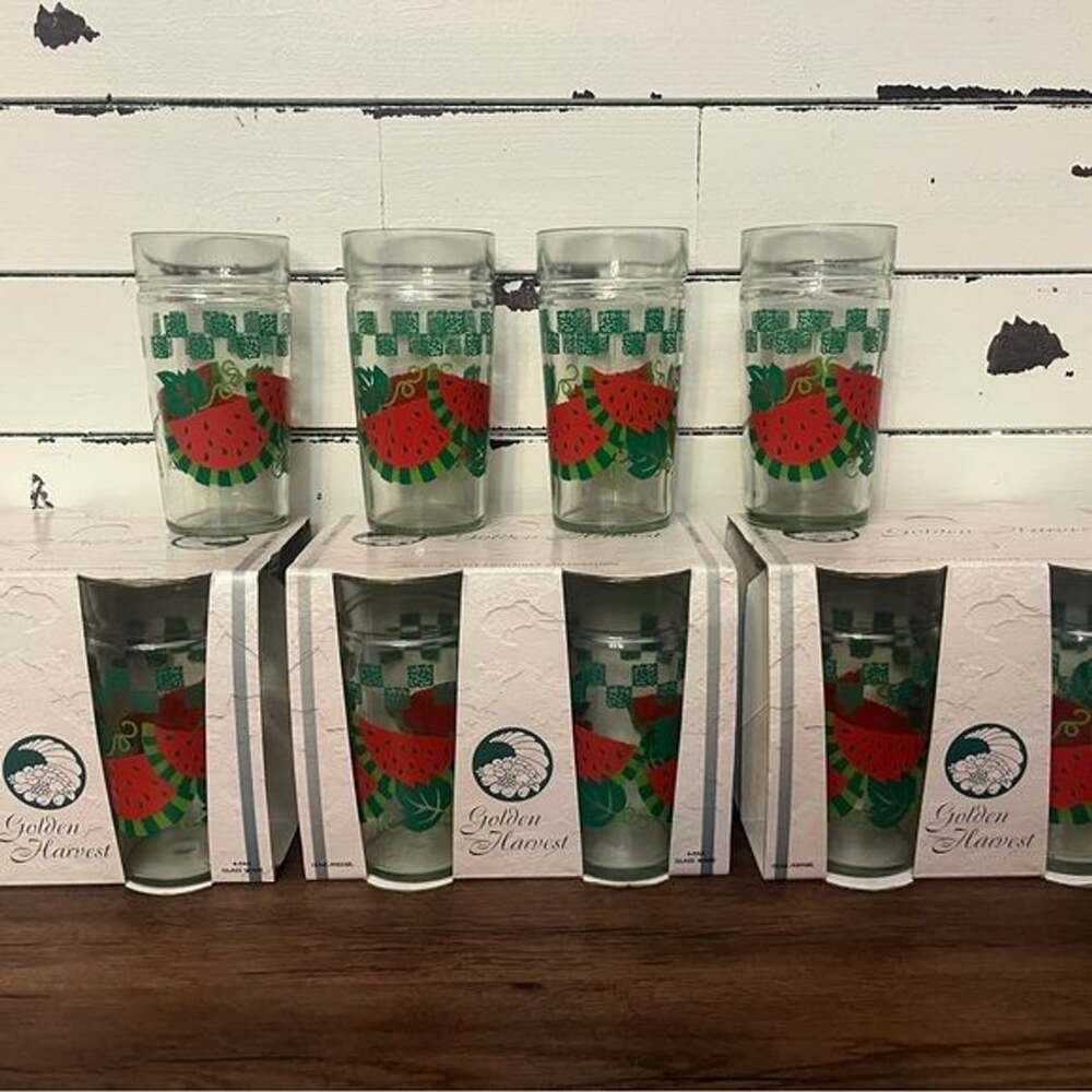 Set of 16 Vintage Anchor Hocking Golden Harvest Glass Tumblers-Watermelon Design - Picture 1 of 4